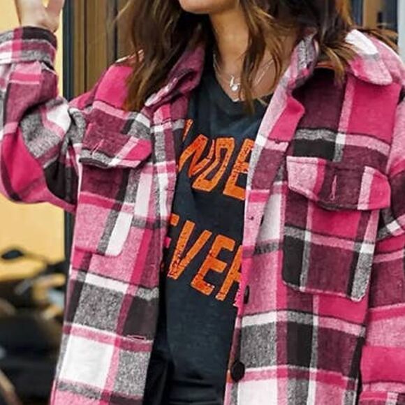 NEW!! Beautiful Boho Pink Black Plaid Flannel Shacket Jacket Maxi Length Shirt - Picture 5 of 5